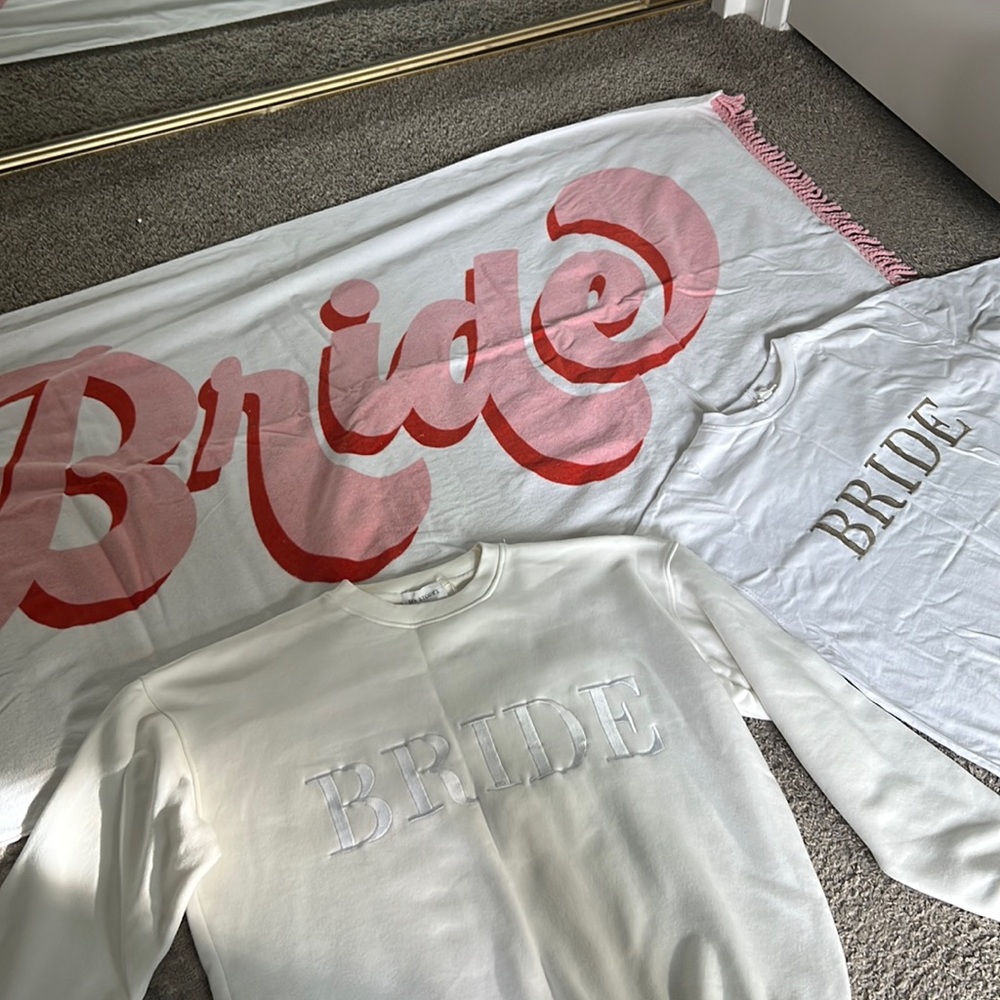“Bride” towel, sweatshirt, and T-shirt